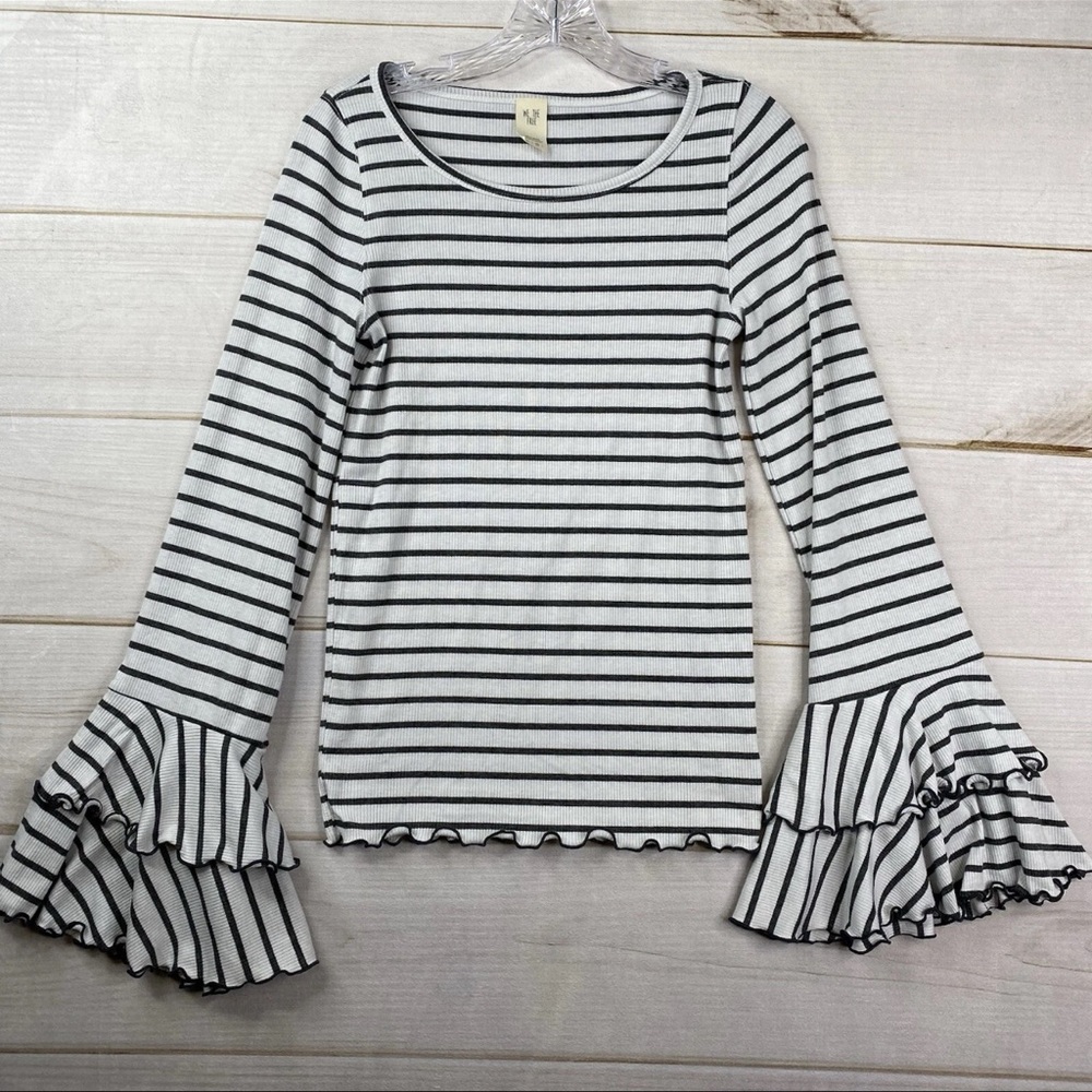 Free People Black and White Striped Ruffle Sleeve Blouse